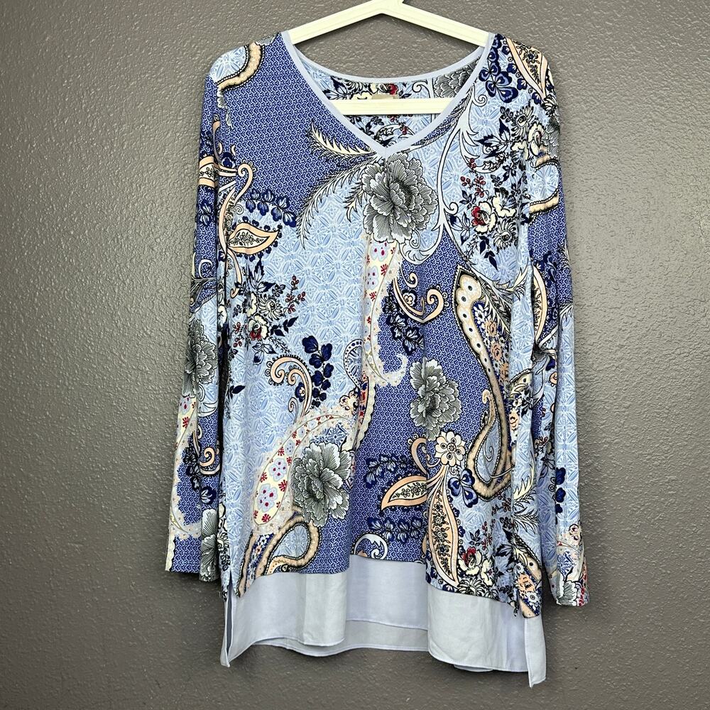 Chico's Size 2 Paisley Floral Chiffon Trimmed Blouse Purple Long Sleeves